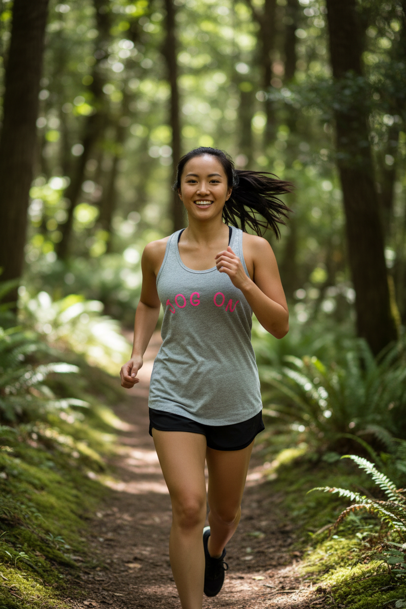 Petite Asian woman running on a trail wearing Jog On heather gray racerback tank top