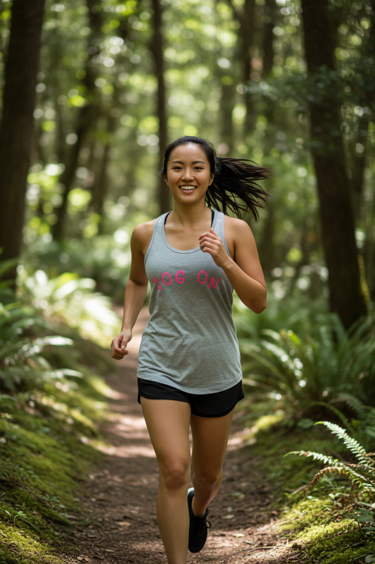 Petite Asian woman running on a trail wearing Jog On heather gray racerback tank top