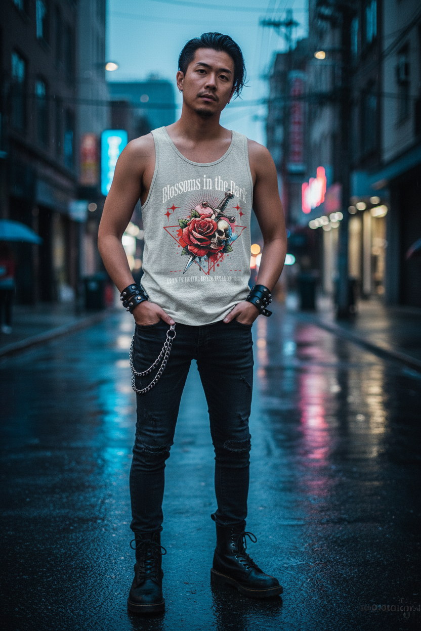 Japanese male model in rock style wearing Blossoms in the Dark tank top on urban street