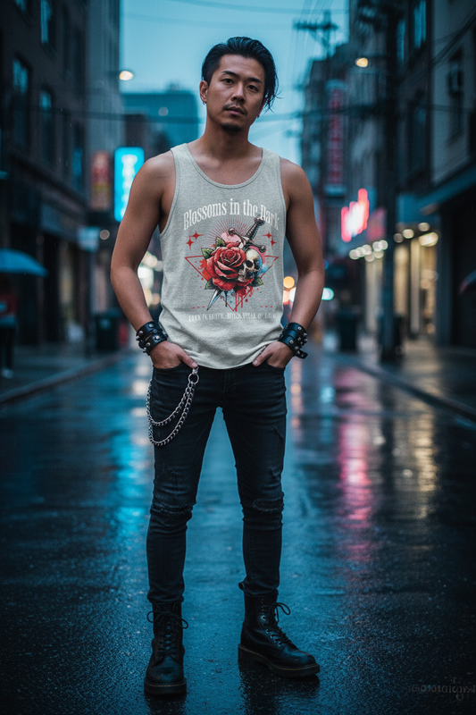 Japanese male model in rock style wearing Blossoms in the Dark tank top on urban street