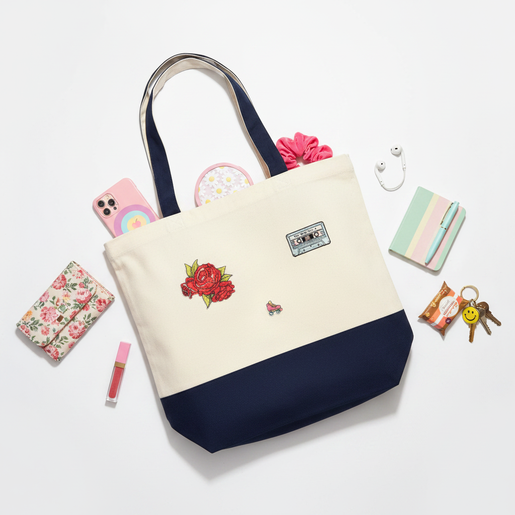 Mix Tape Roses Roller Skate Tote Bag with Everyday Essentials