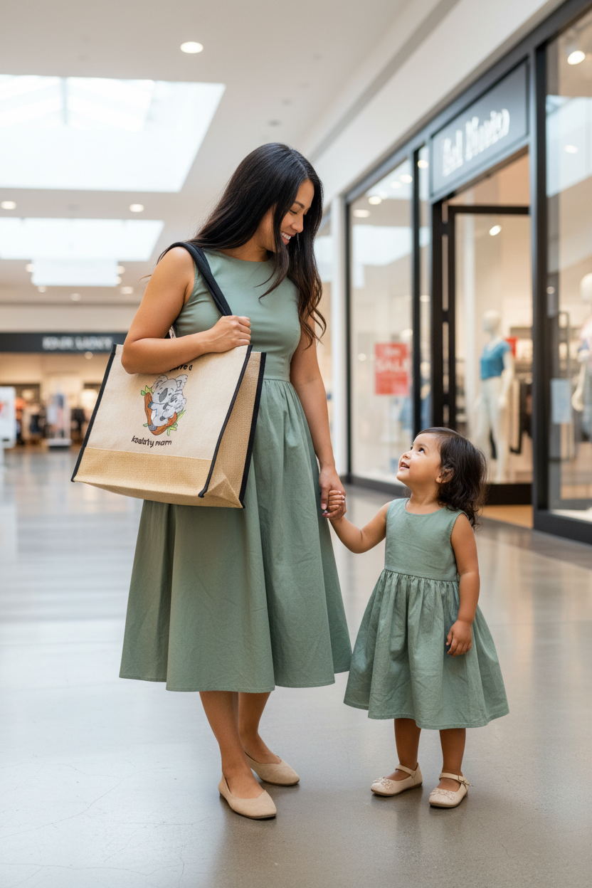 Native American Mom with Bag on Shoulder and Toddler at Mall