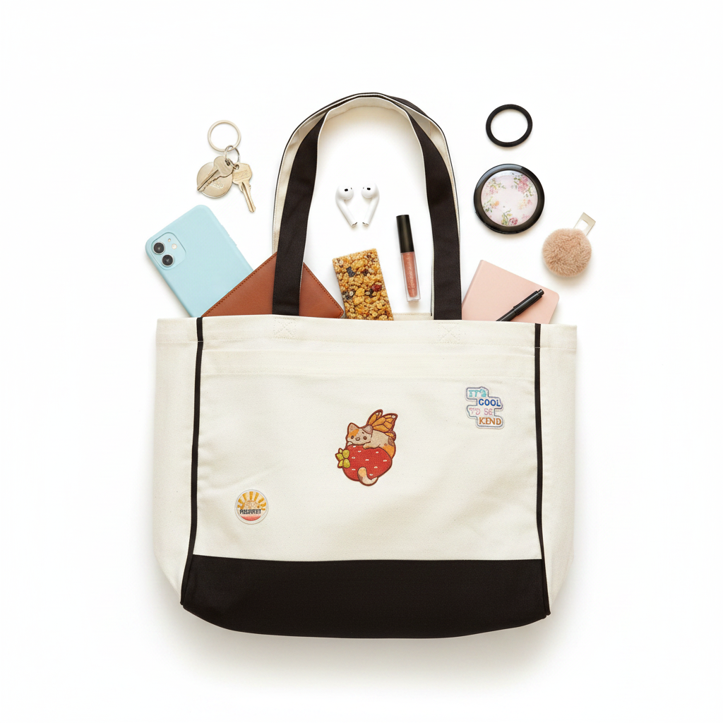 Radiate Positivity Kawaii Cat Tote Bag with Everyday Essentials