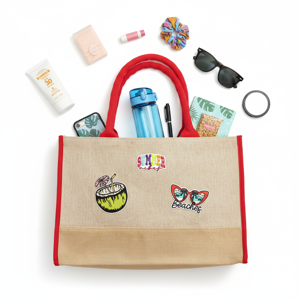 Summer Vibes Beaches Jute Tote Bag with Beach Essentials